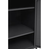 Grey locker cabinet with a single door, featuring two interior shelves and a sleek, modern design. The cabinet has a matte finish and is shown with the door slightly ajar, revealing the empty shelves inside