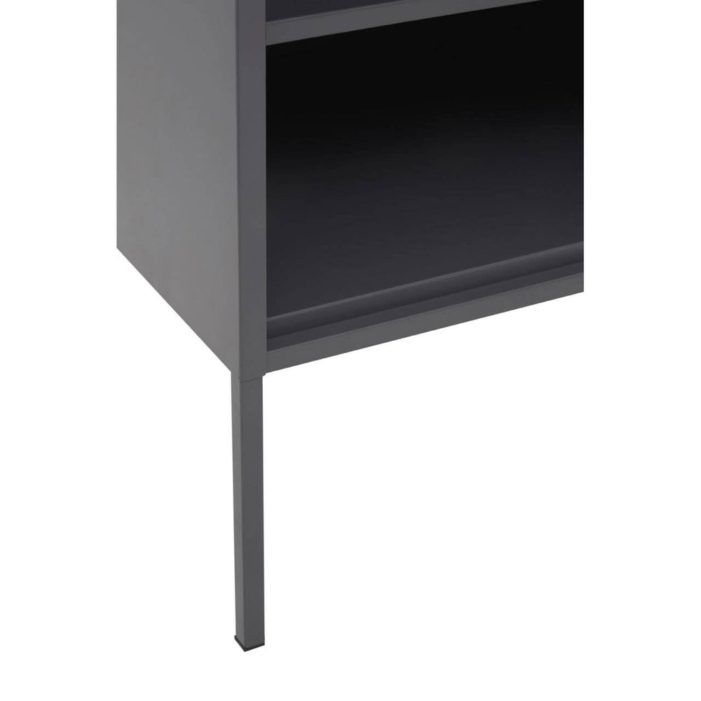 Grey one-door locker cabinet with a sleek design, featuring a single door and an open shelf above. The cabinet stands on slender legs, showcasing a modern aesthetic suitable for home furniture