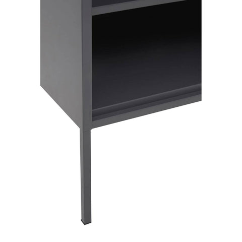 Grey one-door locker cabinet with a sleek design, featuring a single door and an open shelf above. The cabinet stands on slender legs, showcasing a modern aesthetic suitable for home furniture