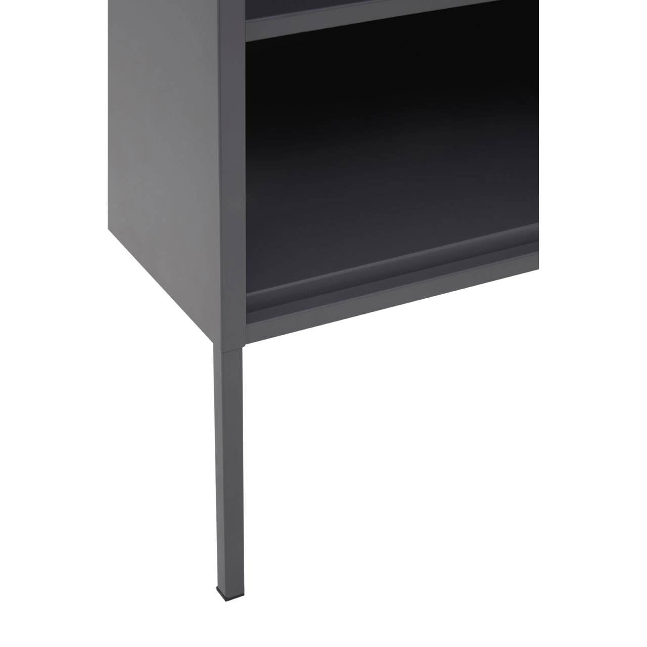 Grey one-door locker cabinet with a sleek design, featuring a single door and an open shelf above. The cabinet stands on slender legs, showcasing a modern aesthetic suitable for home furniture