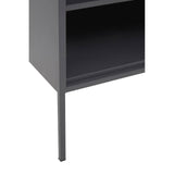 Grey one-door locker cabinet with a sleek design, featuring a single door and an open shelf above. The cabinet stands on slender legs, showcasing a modern aesthetic suitable for home furniture