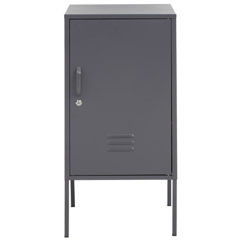 A grey one-door locker cabinet with a sleek design, featuring a handle on the right side, ventilation holes at the bottom, and four slender legs for support. The cabinet has a minimalist aesthetic suitable for modern home decor