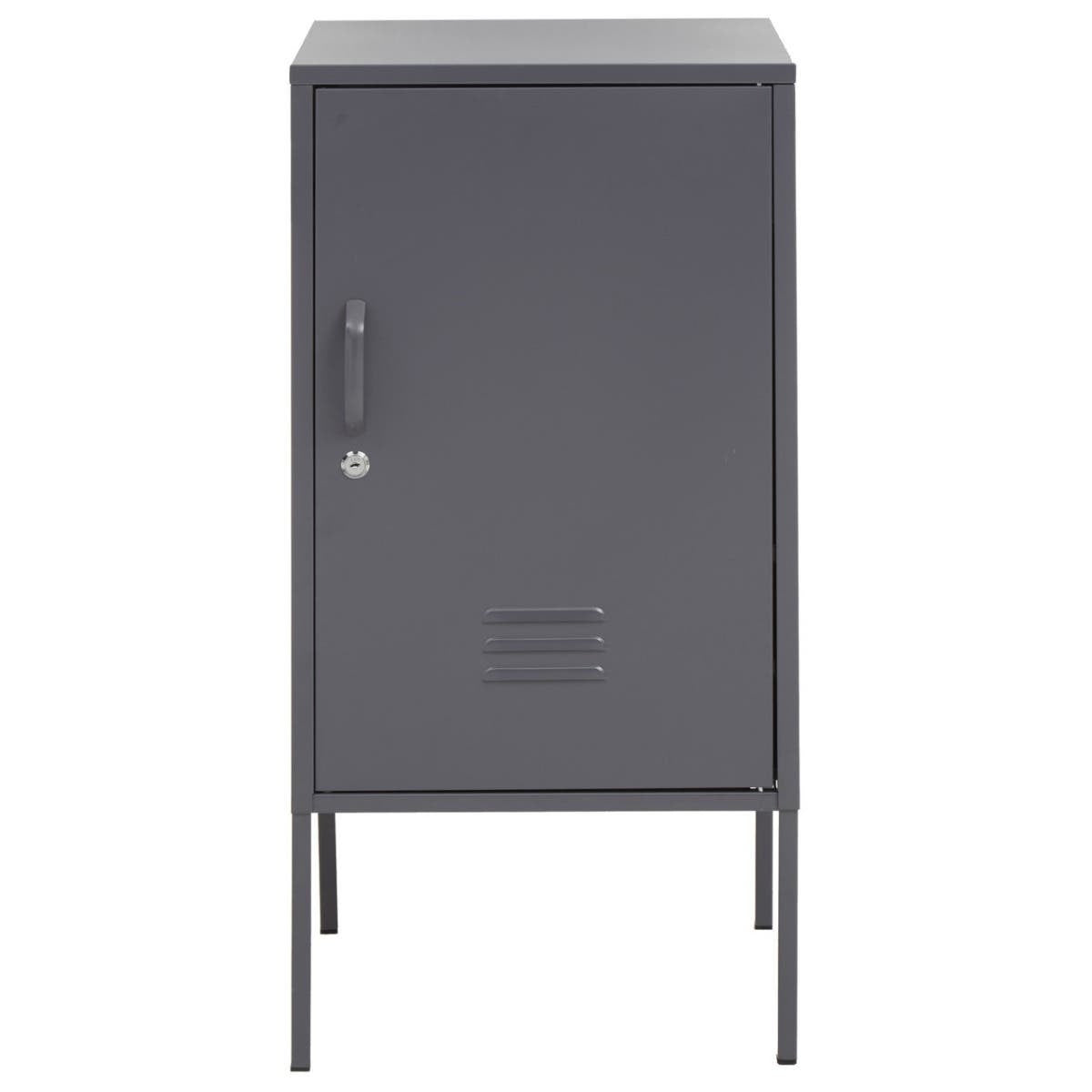 A grey one-door locker cabinet with a sleek design, featuring a handle on the right side, ventilation holes at the bottom, and four slender legs for support. The cabinet has a minimalist aesthetic suitable for modern home decor