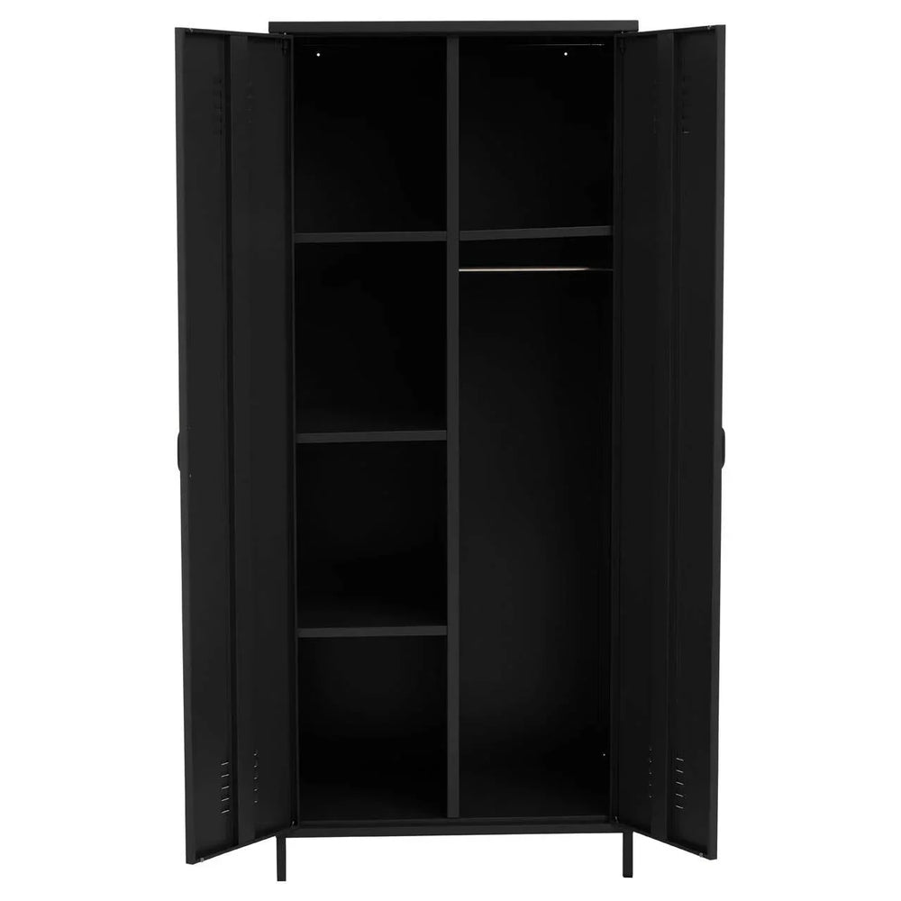 Black metal wardrobe with open doors, internal shelves, and hanging rail visible