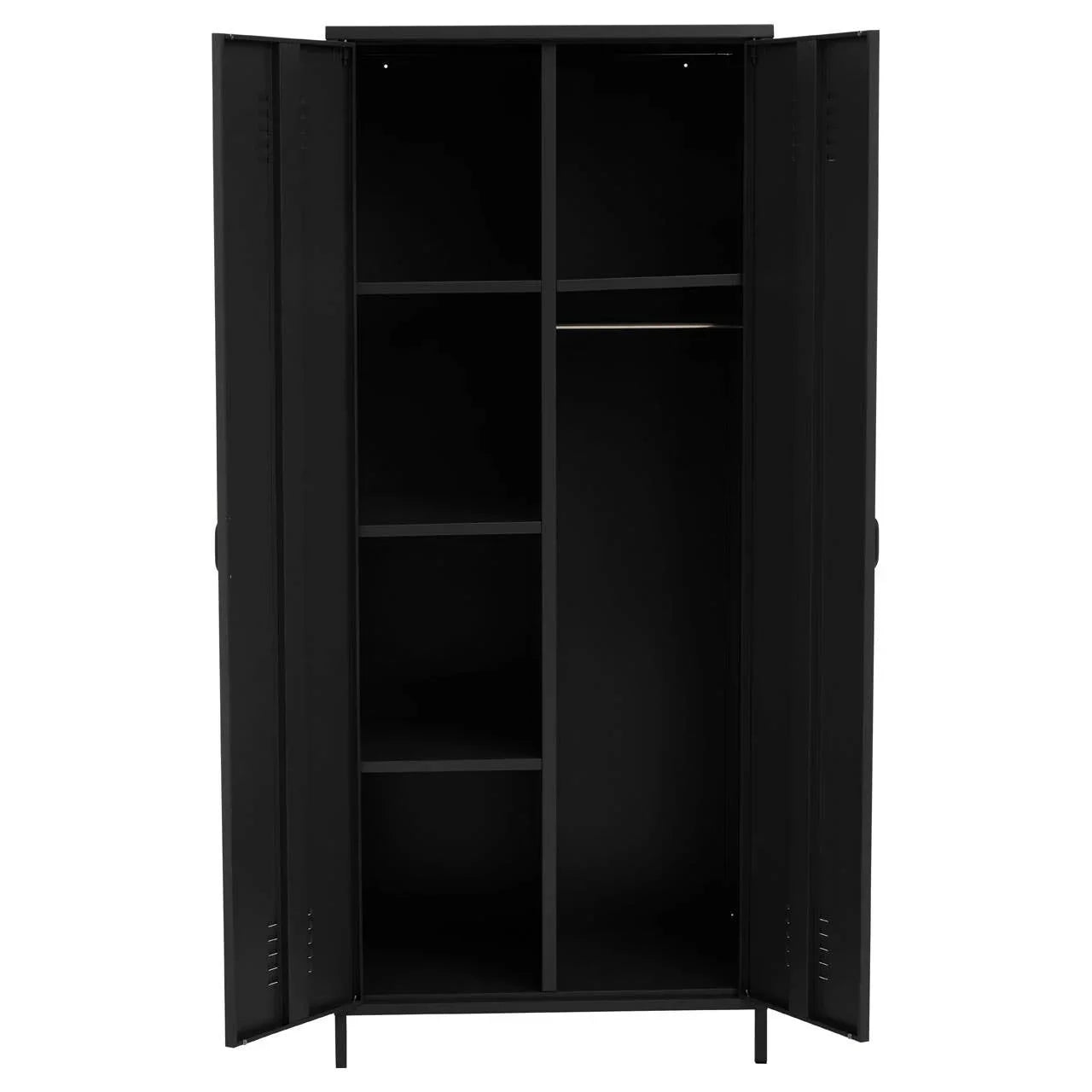 Black metal wardrobe with open doors, internal shelves, and hanging rail visible