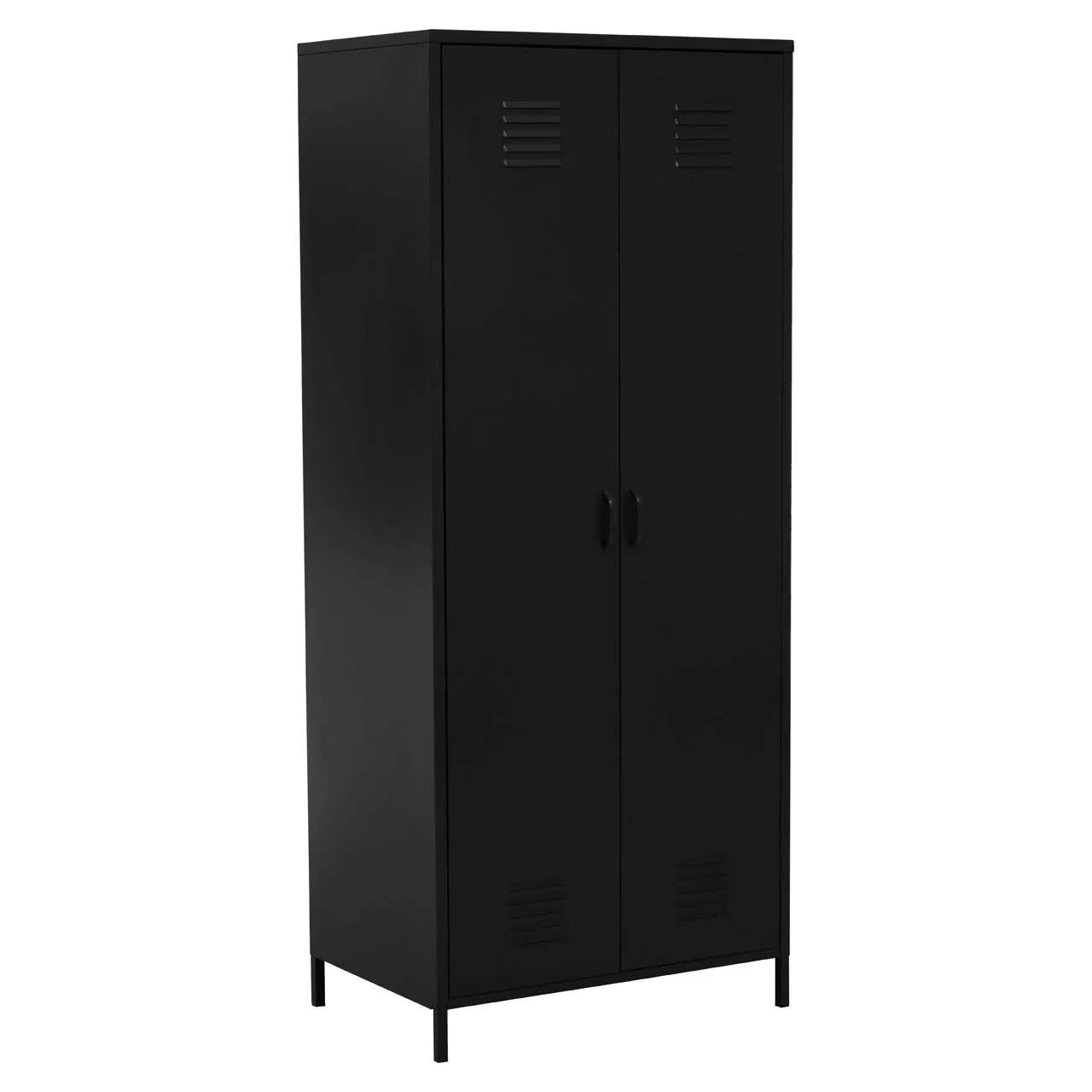 Black metal storage cabinet with double doors and ventilation slats, freestanding design