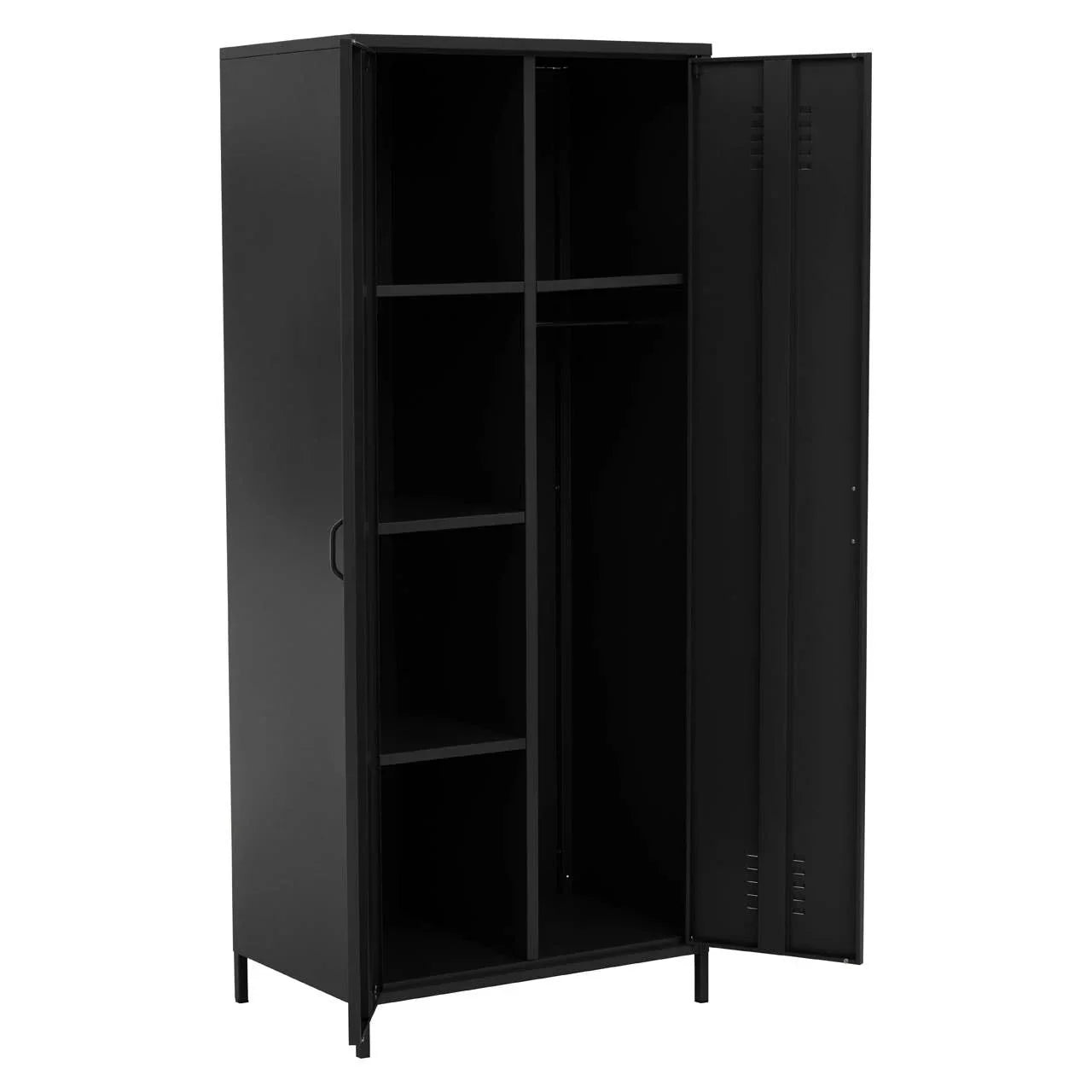Black metal storage cabinet with shelves and open door showing interior compartments