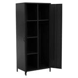 Black metal storage cabinet with shelves and open door showing interior compartments