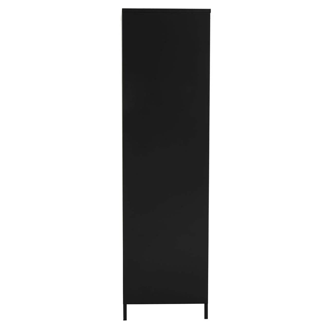 Tall black wardrobe cabinet rear view with slim metal legs