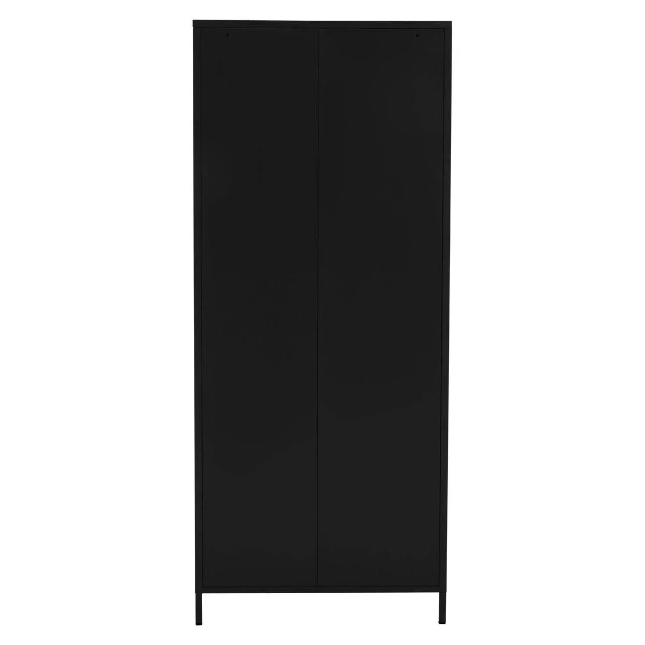 Tall black wardrobe with two plain doors and slim metal legs, front view