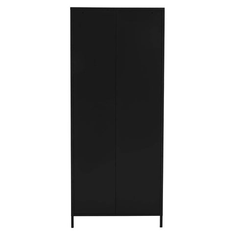 Tall black wardrobe with two plain doors and slim metal legs, front view