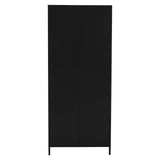 Tall black wardrobe with two plain doors and slim metal legs, front view