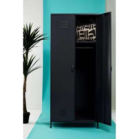 Black metal storage locker with open door and patterned cushion on upper shelf