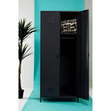 Black metal storage locker with open door and patterned cushion on upper shelf