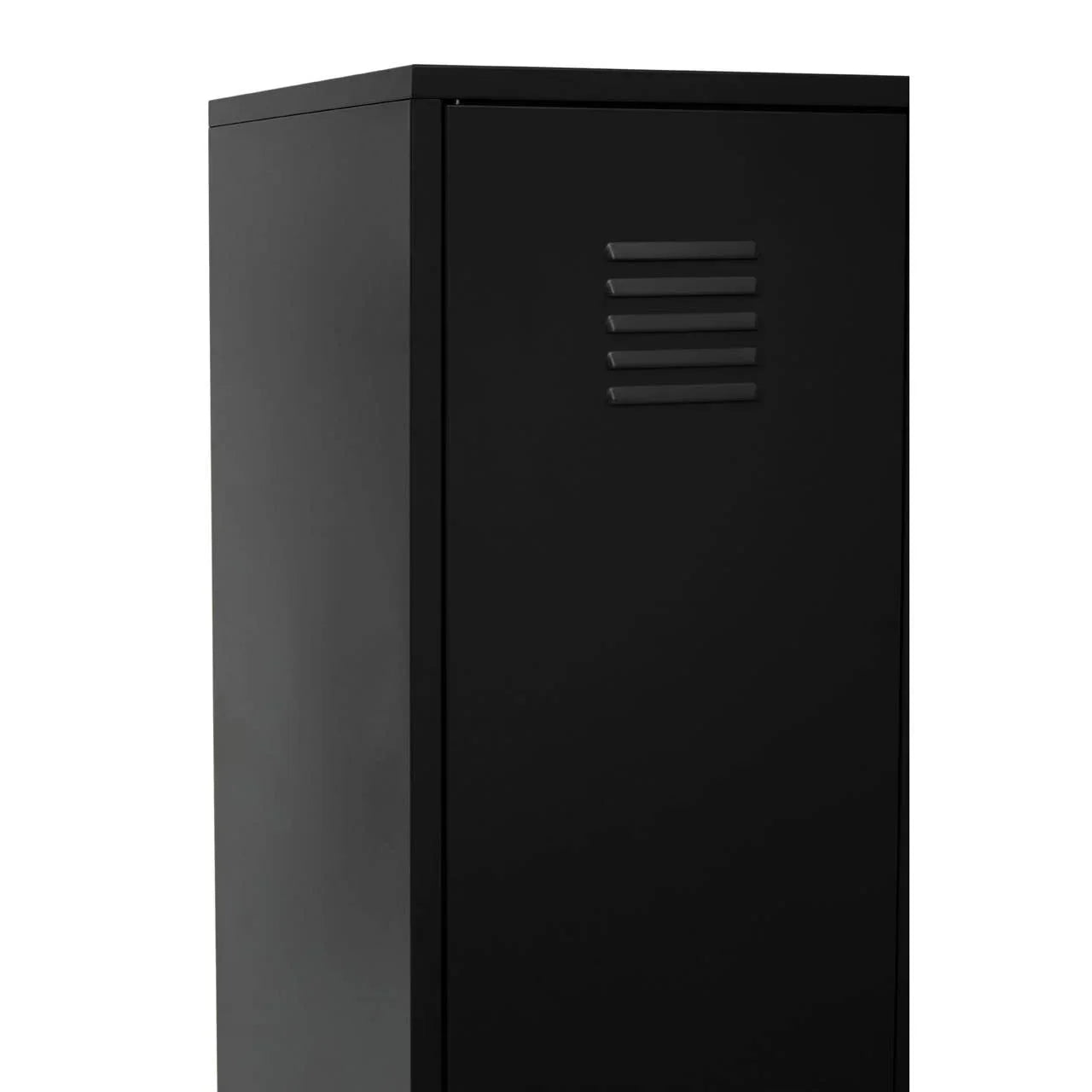 Black metal storage cabinet with single vented door, close-up angle