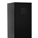 Black metal storage cabinet with single vented door, close-up angle