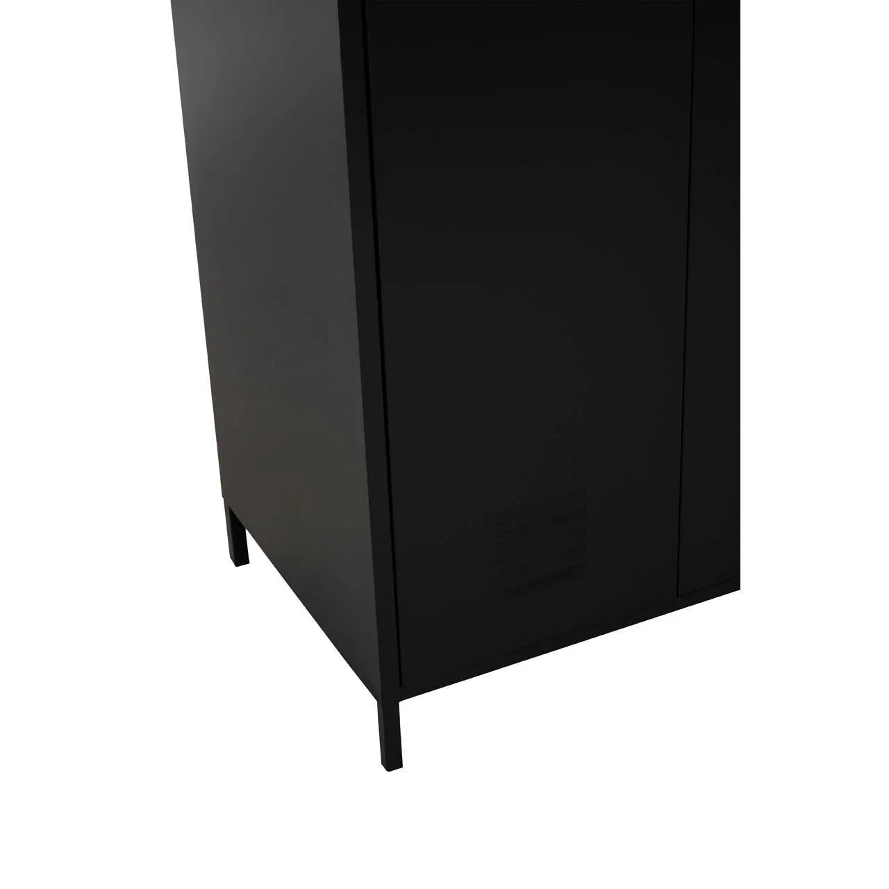 Black metal cabinet side view with vented panel and slim legs
