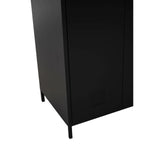 Black metal cabinet side view with vented panel and slim legs