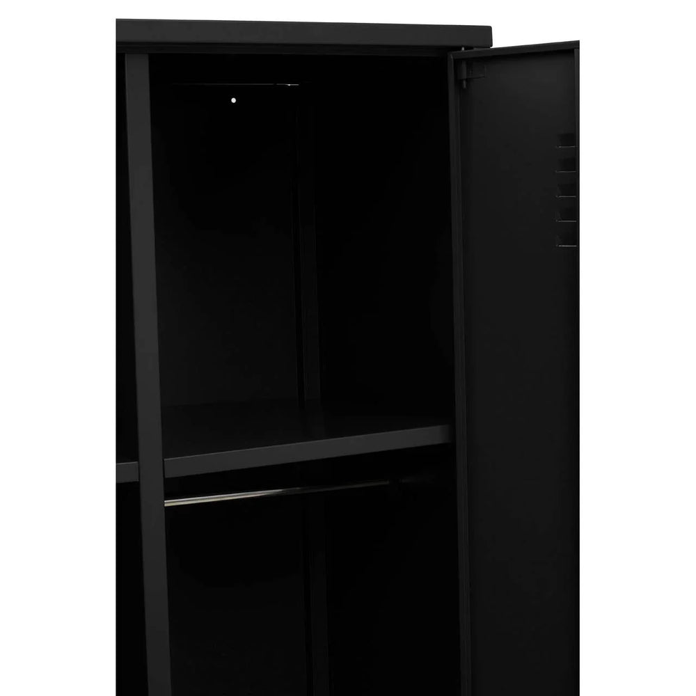 Black metal wardrobe with open door showing shelf and hanging rail