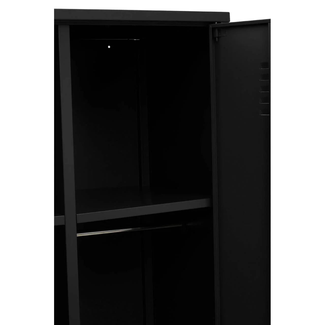 Black metal wardrobe with open door showing shelf and hanging rail