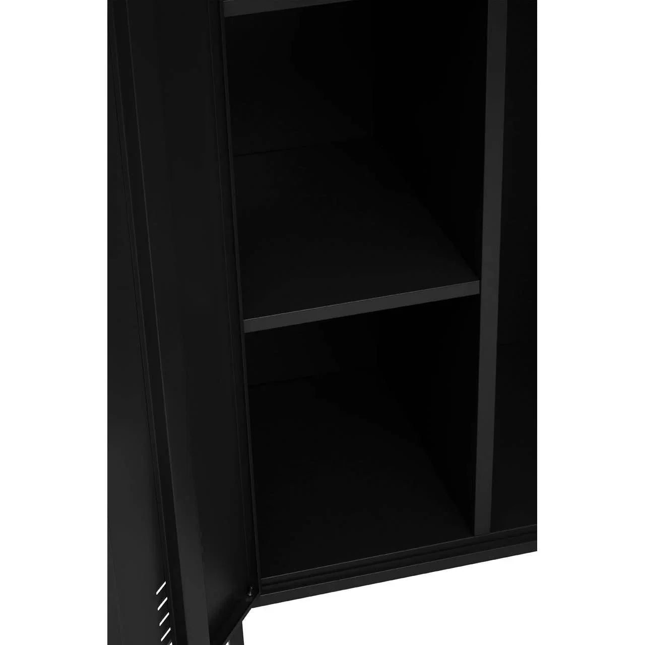 Black metal storage cabinet with open door showing two interior shelves