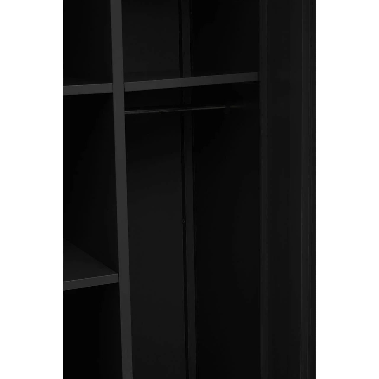 Black wardrobe interior with hanging rail and shelving sections