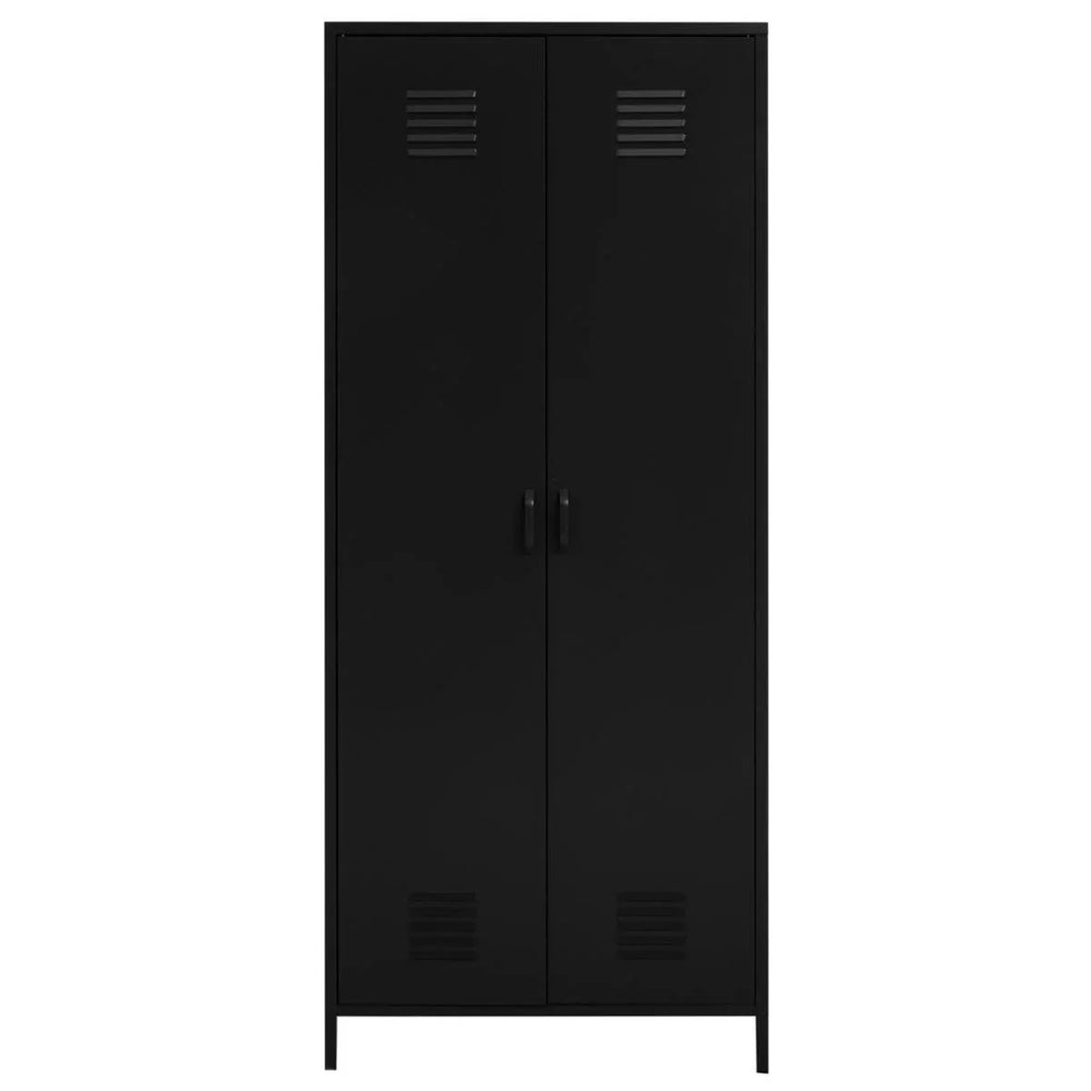 Black metal storage cabinet with double doors and vent details, front view