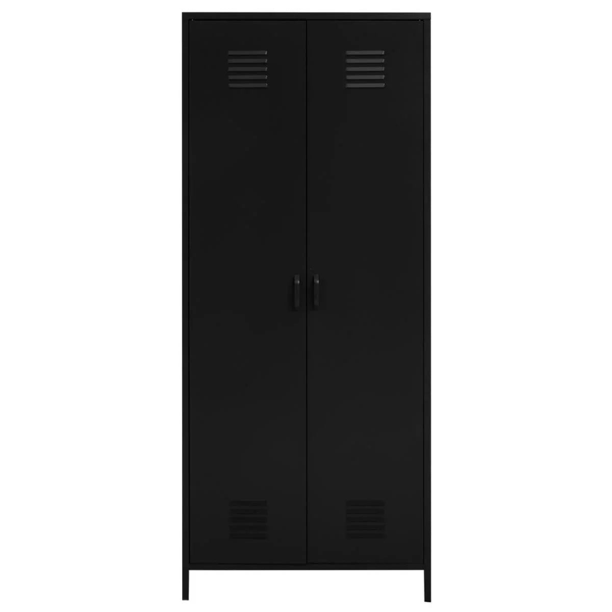 Black metal storage cabinet with double doors and vent details, front view