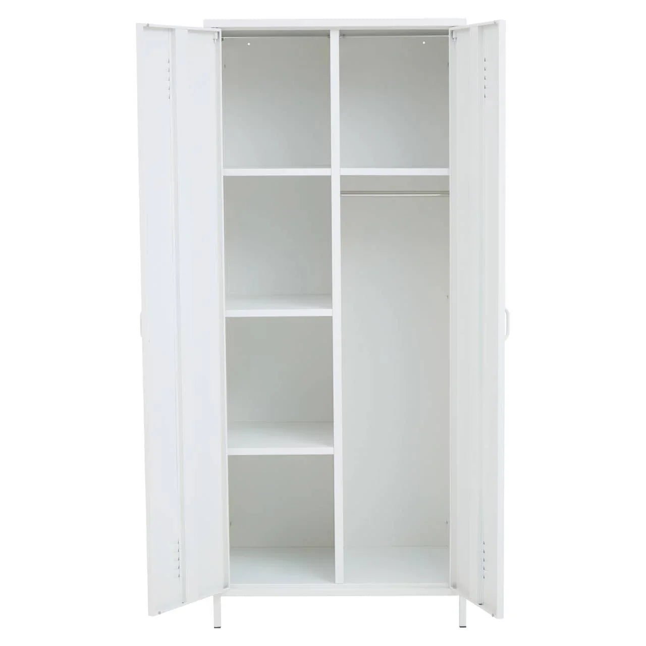 White wardrobe with open doors, shelves on left and hanging rail on right