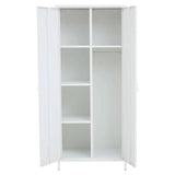 White wardrobe with open doors, shelves on left and hanging rail on right