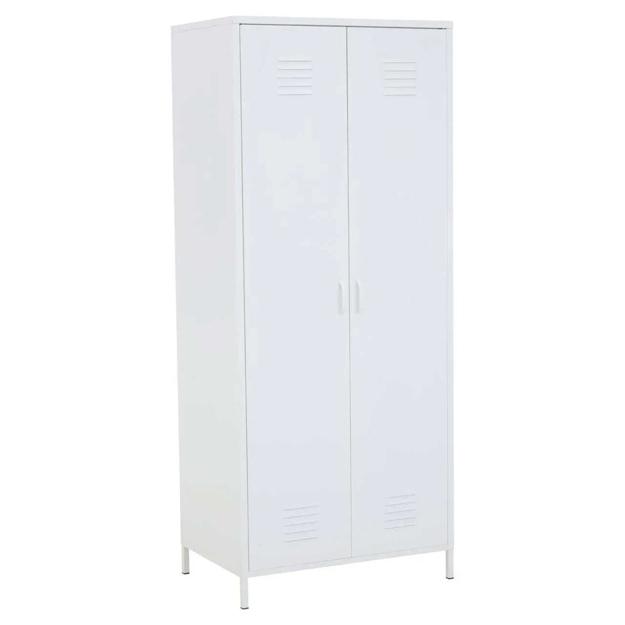 White metal storage cabinet with double doors and vented panels, shown from front angle