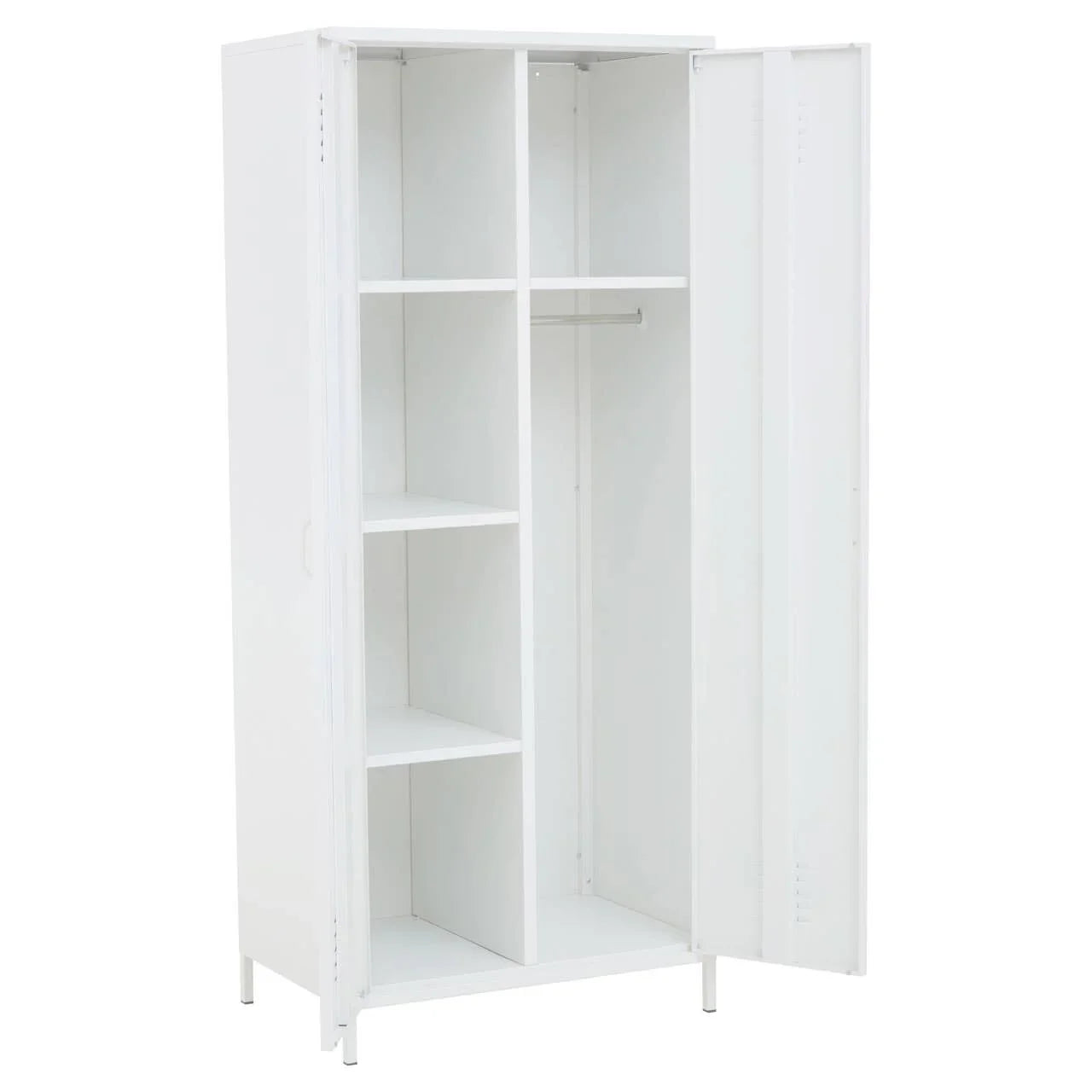 White metal wardrobe with shelves and hanging rail, doors open to show interior storage compartments