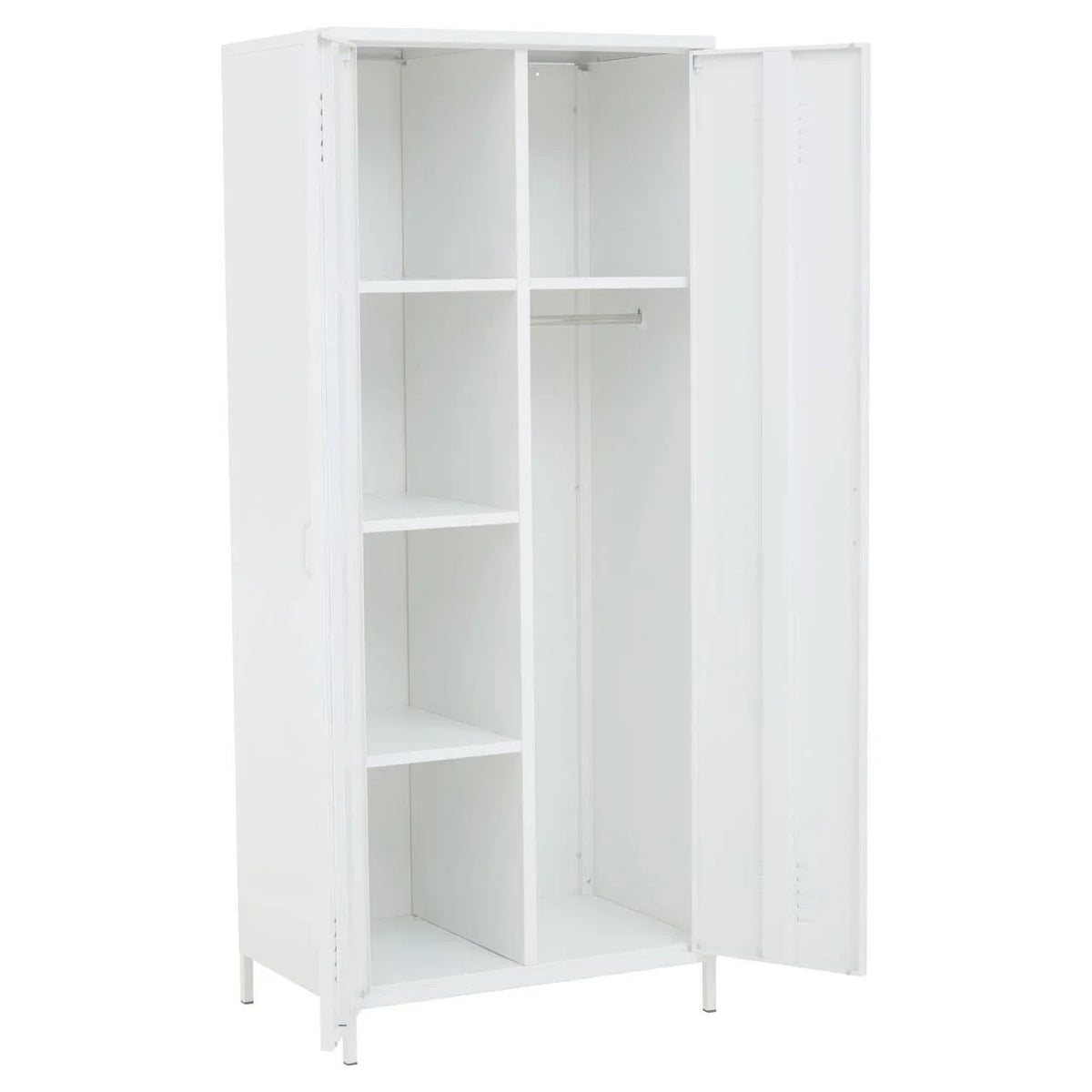 White metal wardrobe with shelves and hanging rail, doors open to show interior storage compartments