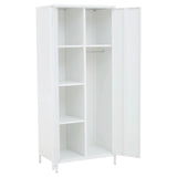 White metal wardrobe with shelves and hanging rail, doors open to show interior storage compartments