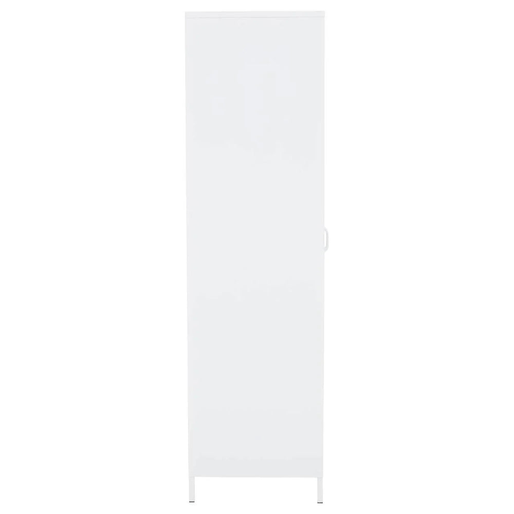 Tall white storage cabinet with single door and minimalist handle, front view