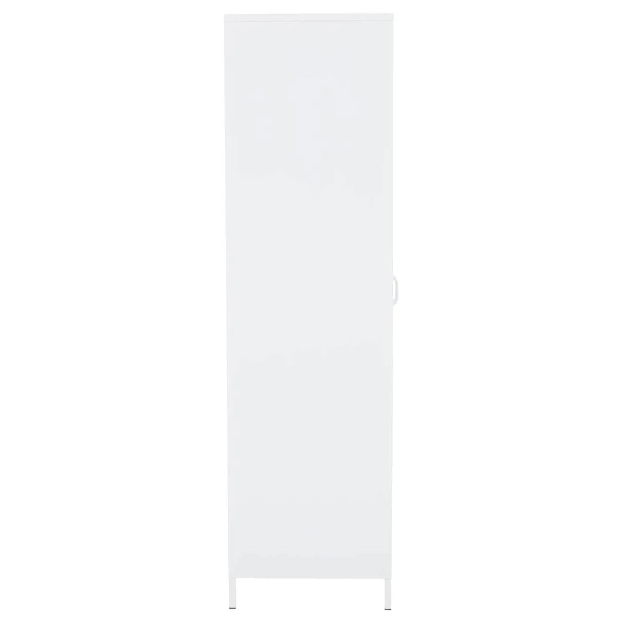 Tall white storage cabinet with single door and minimalist handle, front view