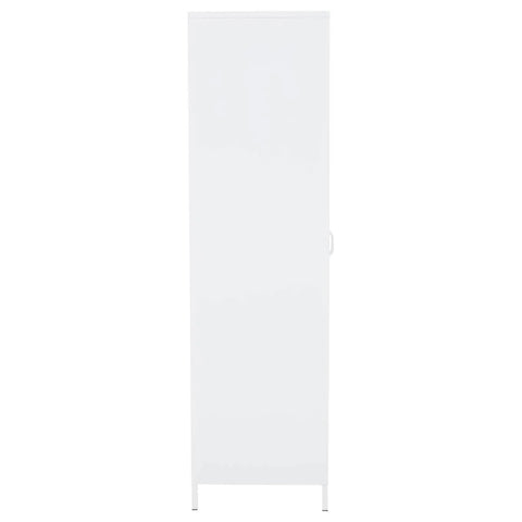 Tall white storage cabinet with single door and minimalist handle, front view