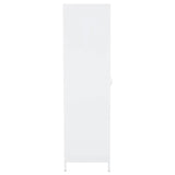 Tall white storage cabinet with single door and minimalist handle, front view
