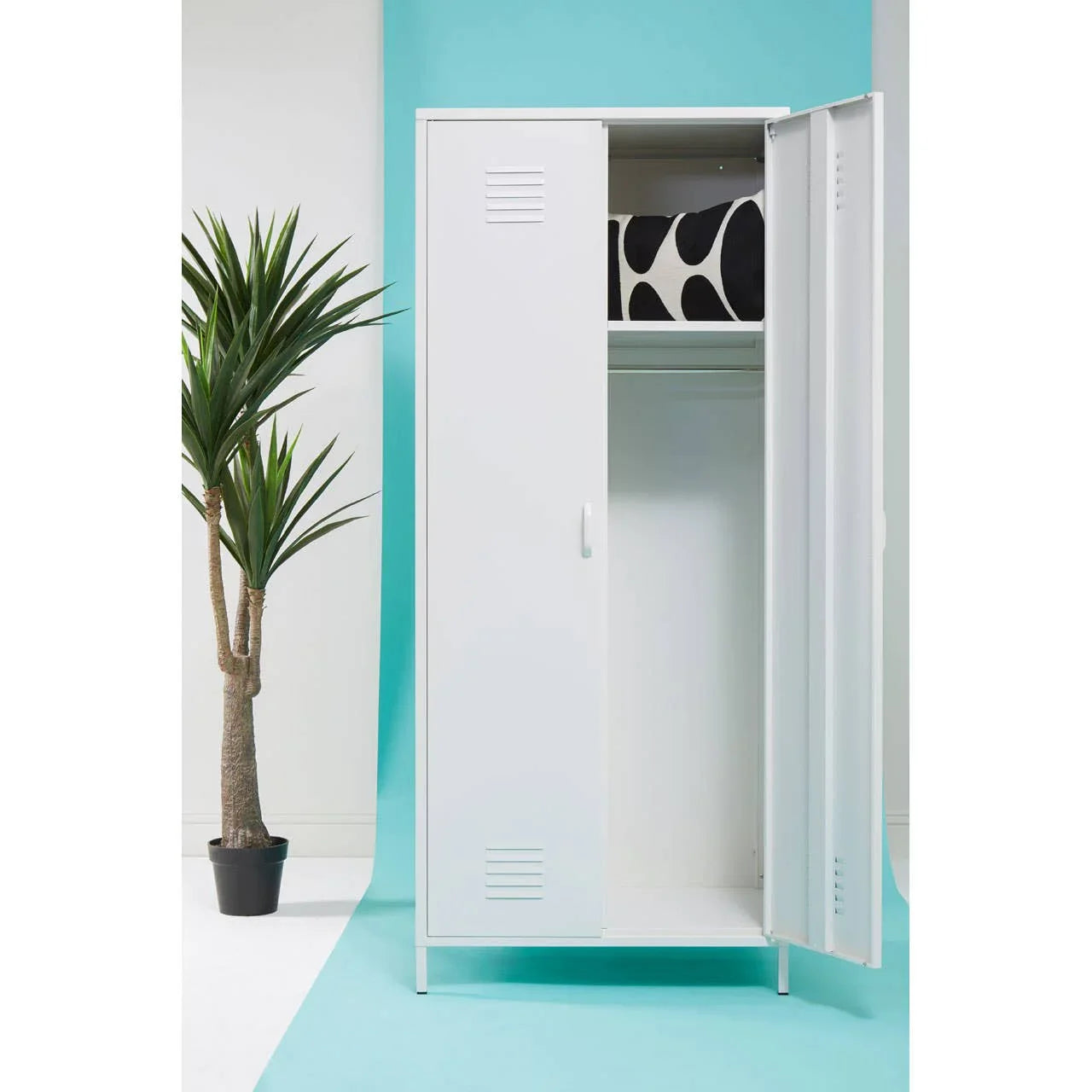 White metal wardrobe with open doors, top shelf storage and hanging rail, modern interior