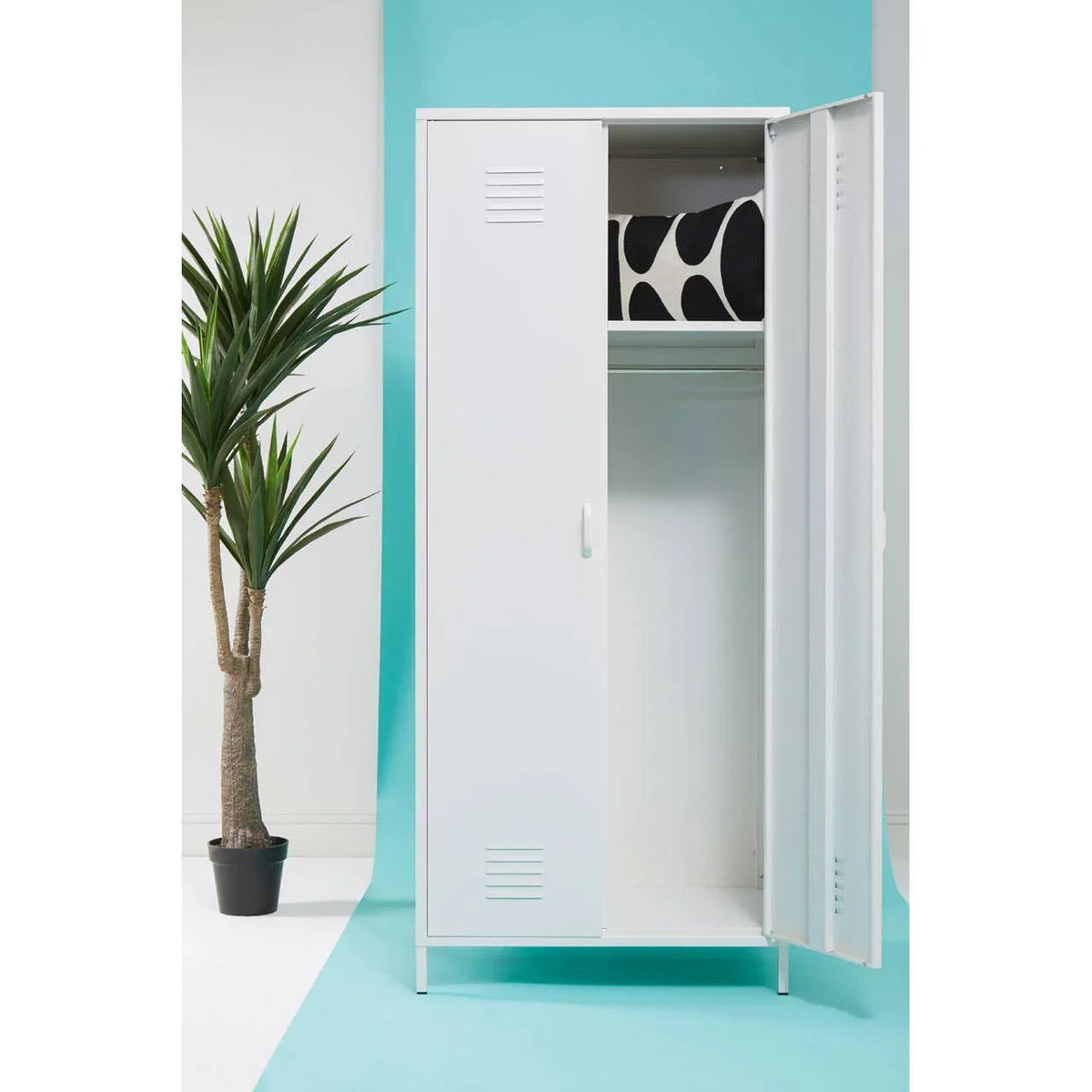 White metal wardrobe with open doors, top shelf storage and hanging rail, modern interior