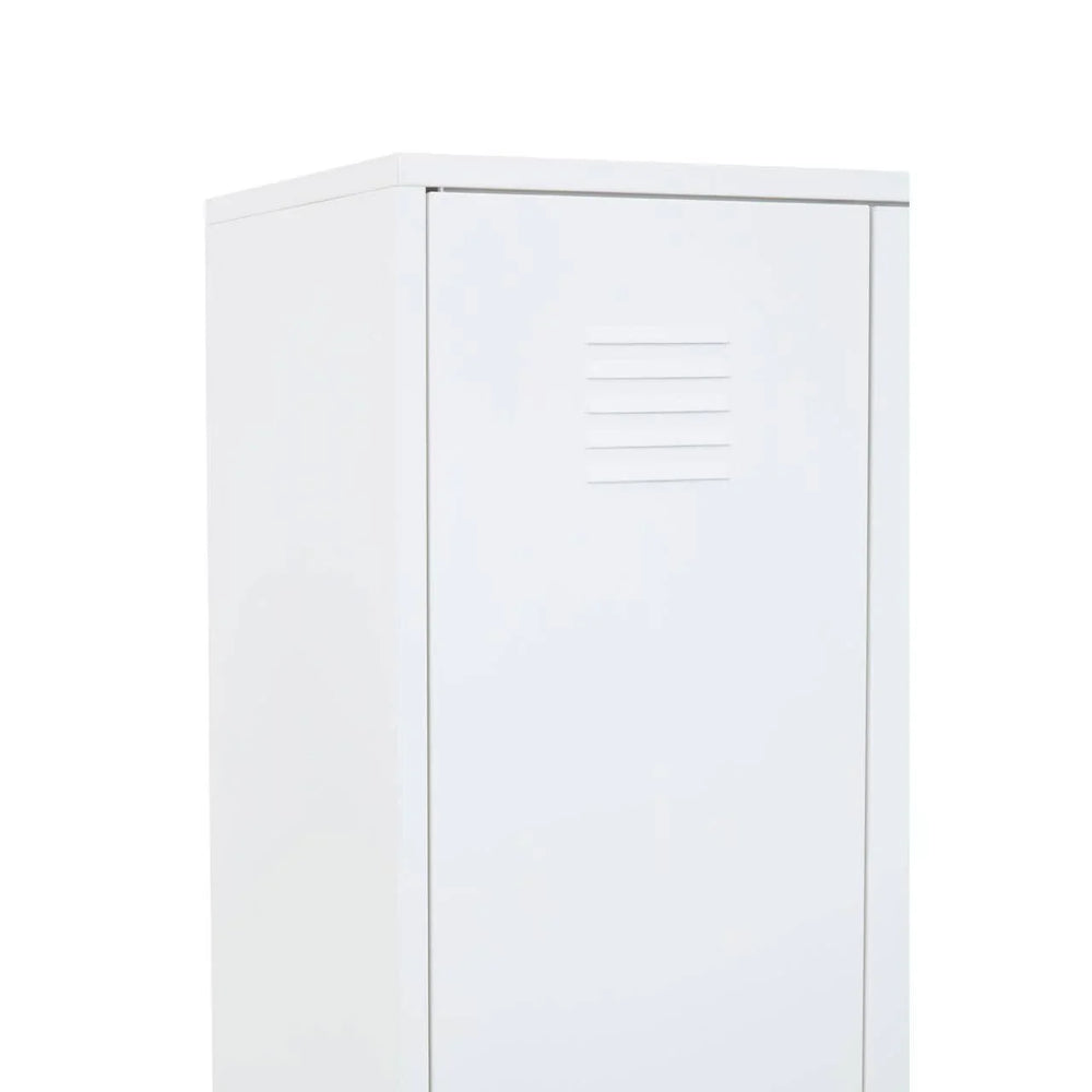 White metal storage cabinet with single door and vented detail, side angle view