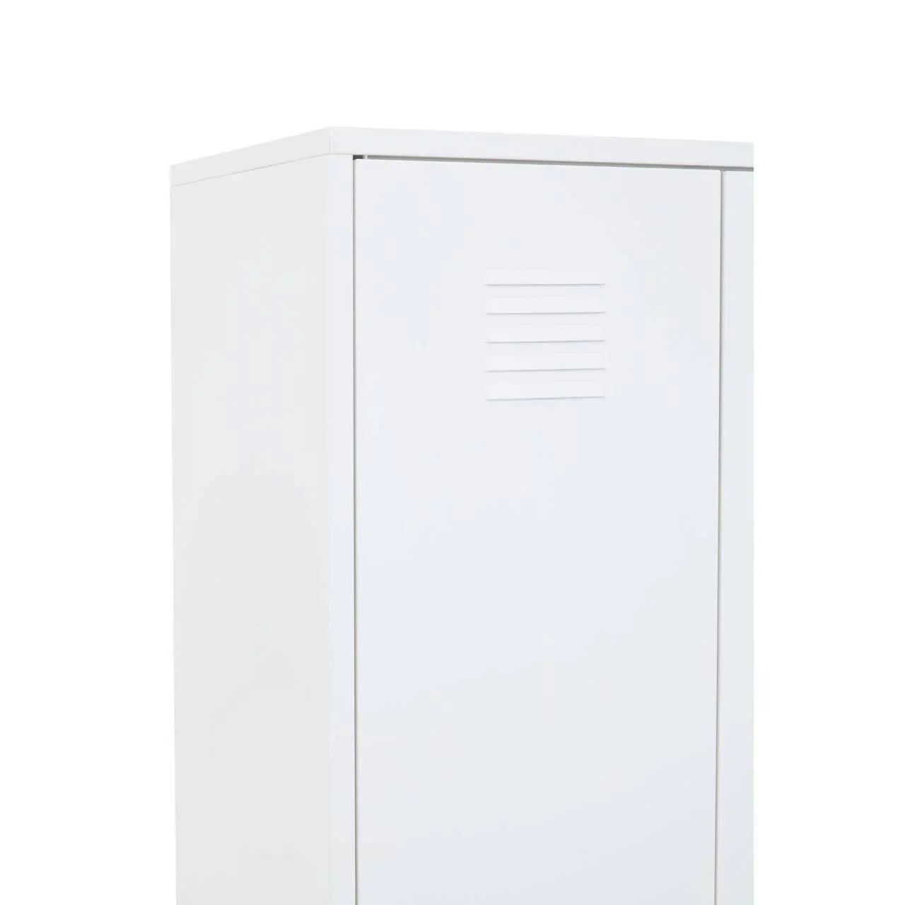 White metal storage cabinet with single door and vented detail, side angle view