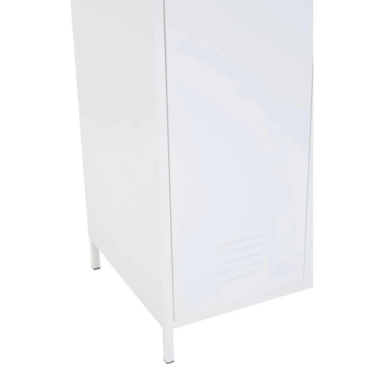 Side view of white metal storage cabinet with vent detail and slim legs