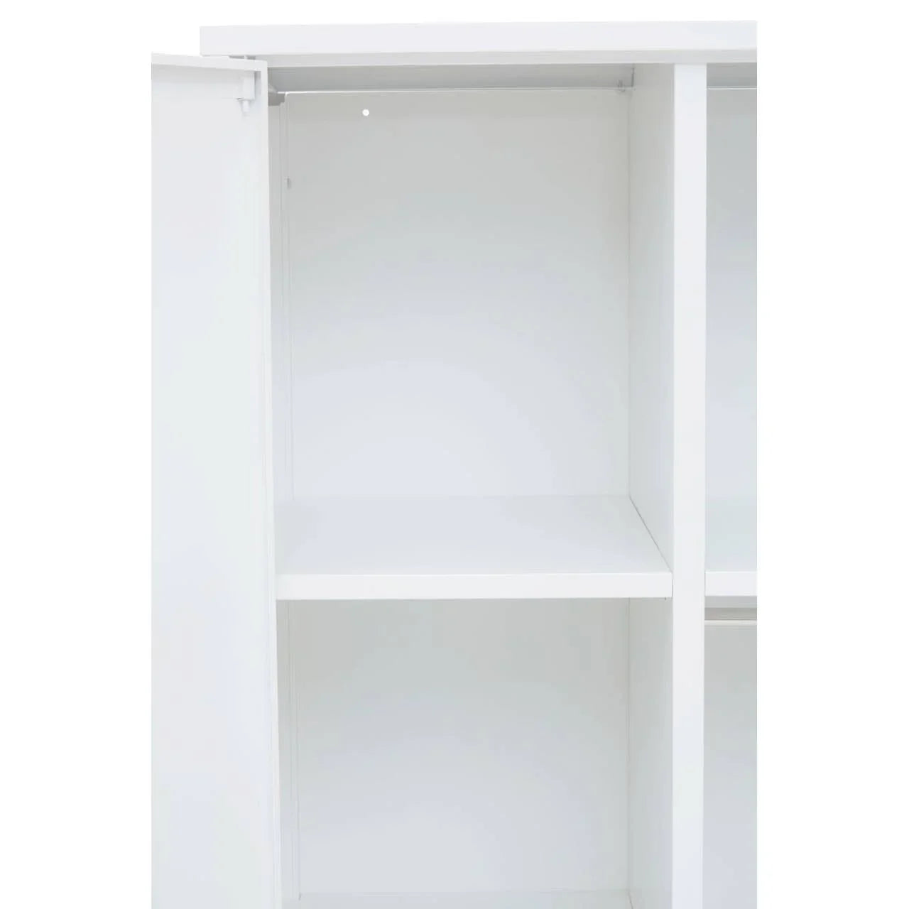 White wardrobe interior with hanging rail and shelf compartments