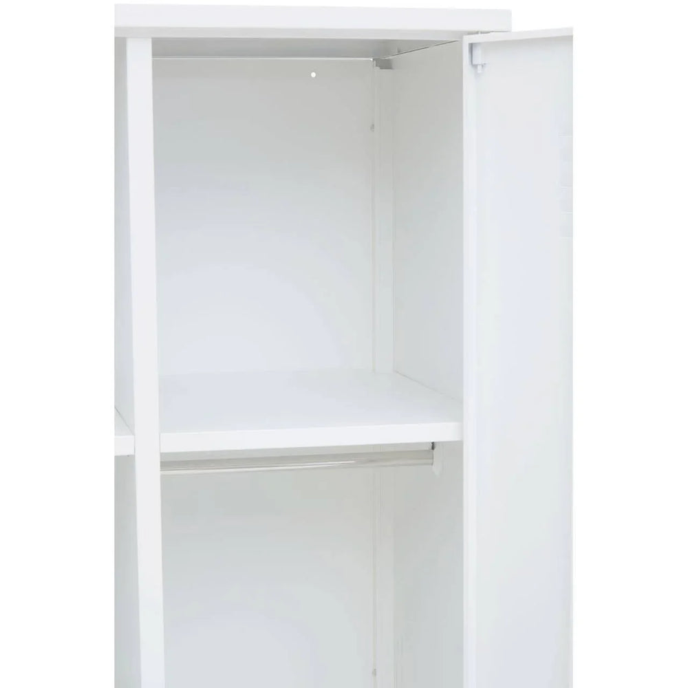 White wardrobe interior with shelf and hanging rail, door partially open
