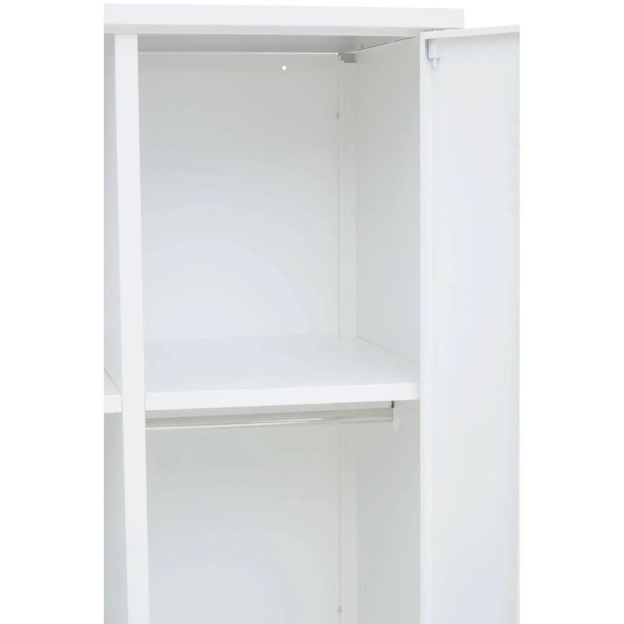 White wardrobe interior with shelf and hanging rail, door partially open