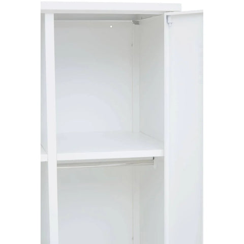 White wardrobe interior with shelf and hanging rail, door partially open