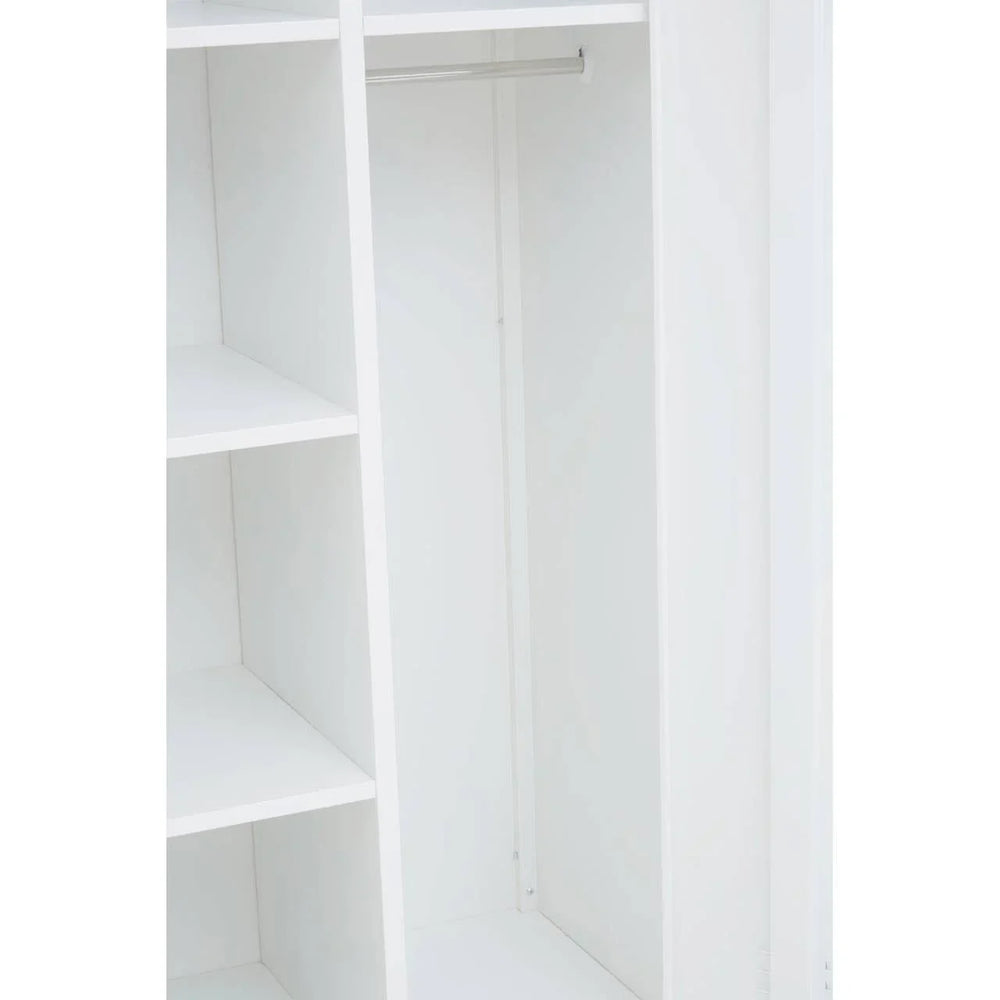 White wardrobe with open shelves and hanging rail, interior closet storage view