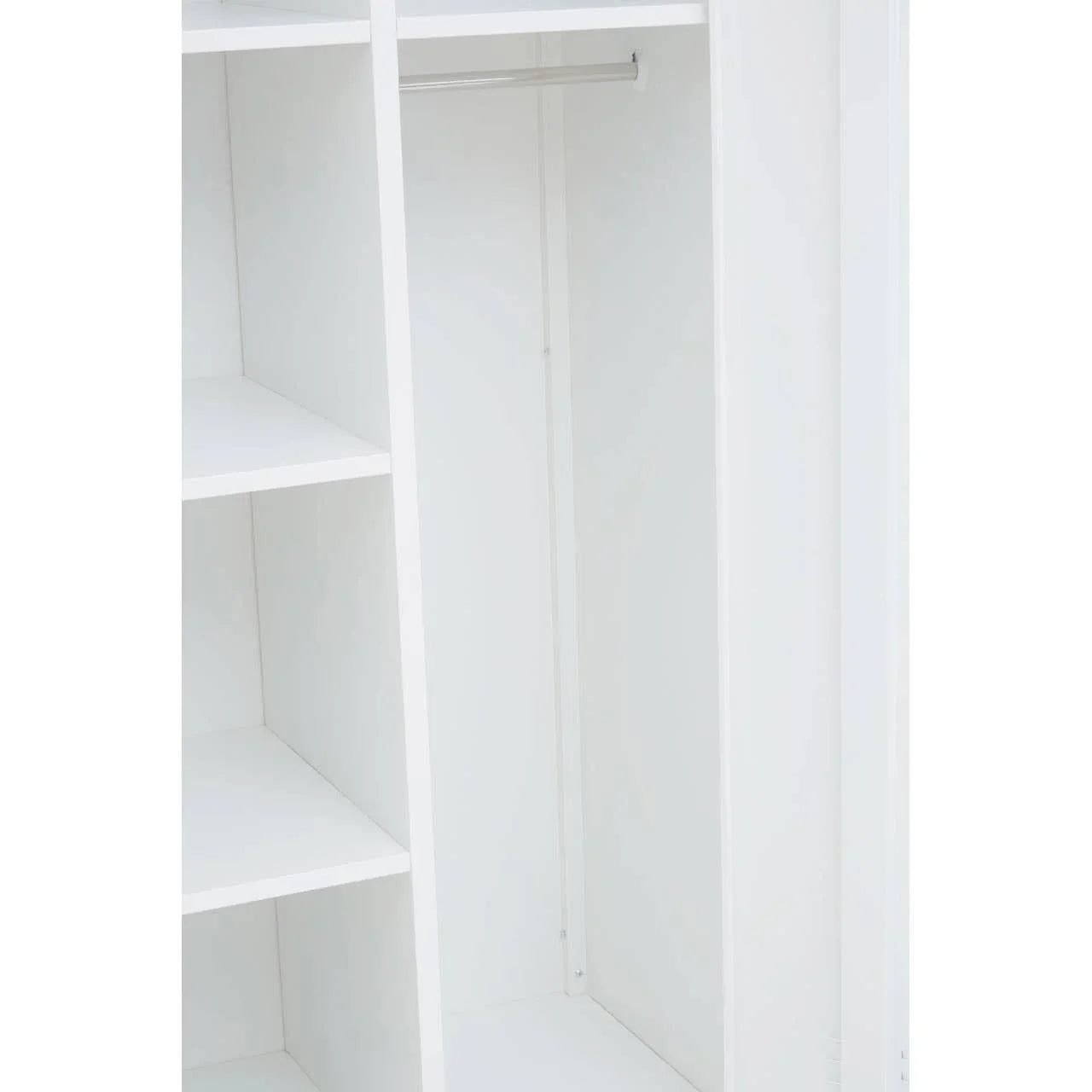 White wardrobe with open shelves and hanging rail, interior closet storage view