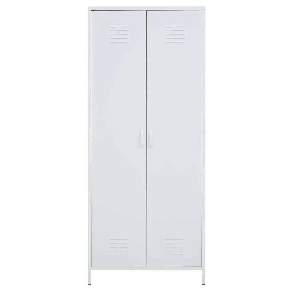 White metal storage cabinet with two doors and ventilation panels, front view